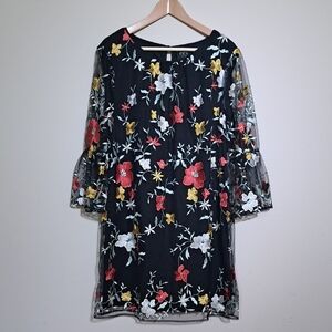 ECI Black Floral Sheath Dress with Bell Sleeves